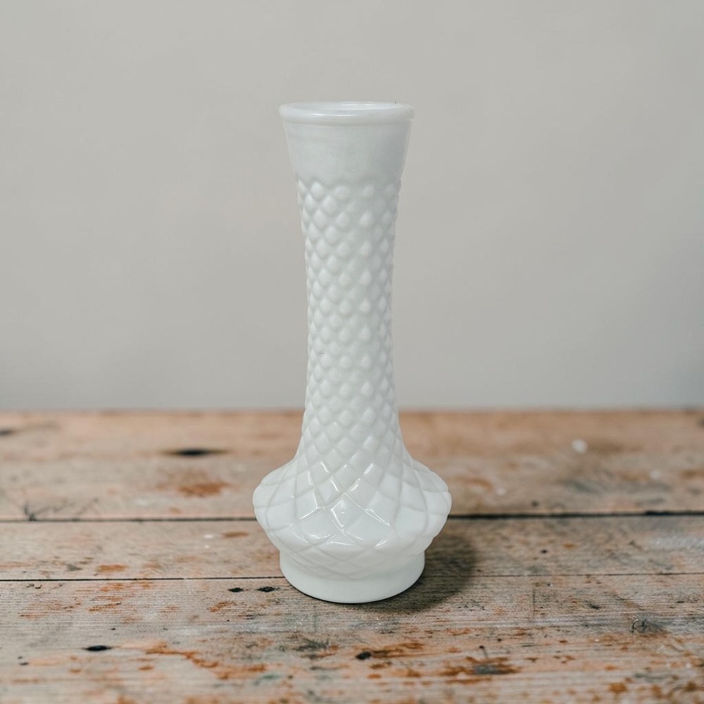 Vintage MCM White Randall Milk Glass Diamond Quilted Pattern Flower Bud Vase 9"